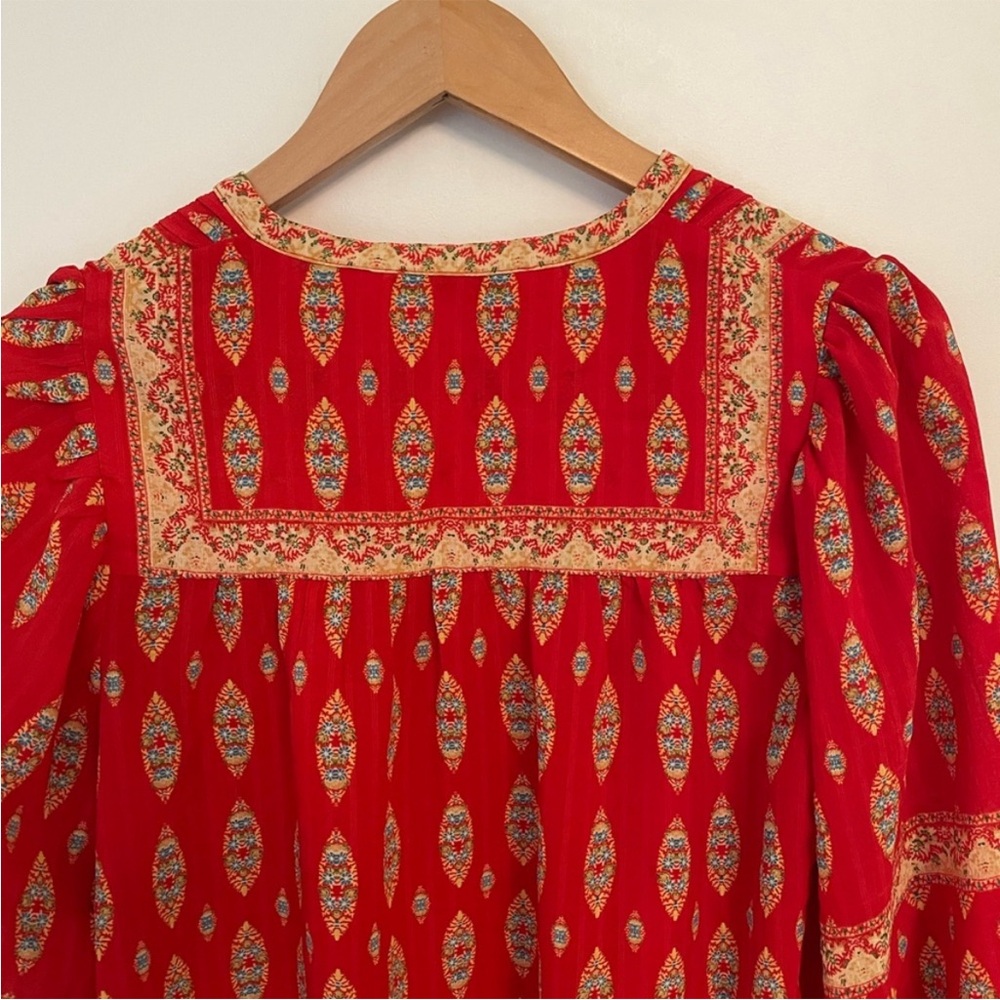 Rose + Olive Red and Gold Patterned Long Sleeve Blouse Size S Boho V Neck - Picture 6 of 8